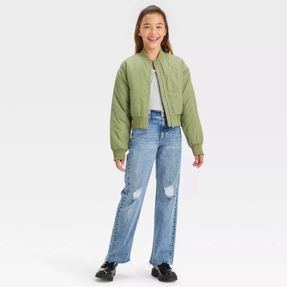 Art Class Girls’ Cropped Bomber Jacket - Olive Green - Picture 3 of 4